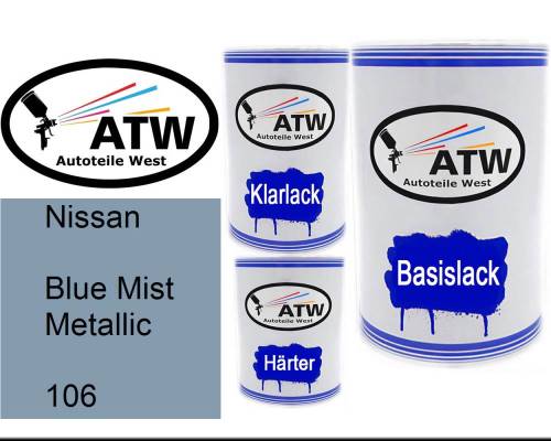 Nissan, Blue Mist Metallic, 106: 500ml Lackdose + 500ml Klarlack + 250ml Härter - Set, von ATW Autoteile West.